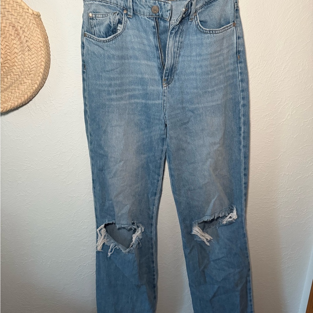 Stradivarius Blue Straight Leg Jeans with Distressed Details